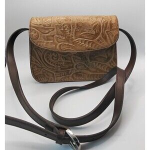 Q & A Tooled Leather Brown Crossbody Purse Handbag